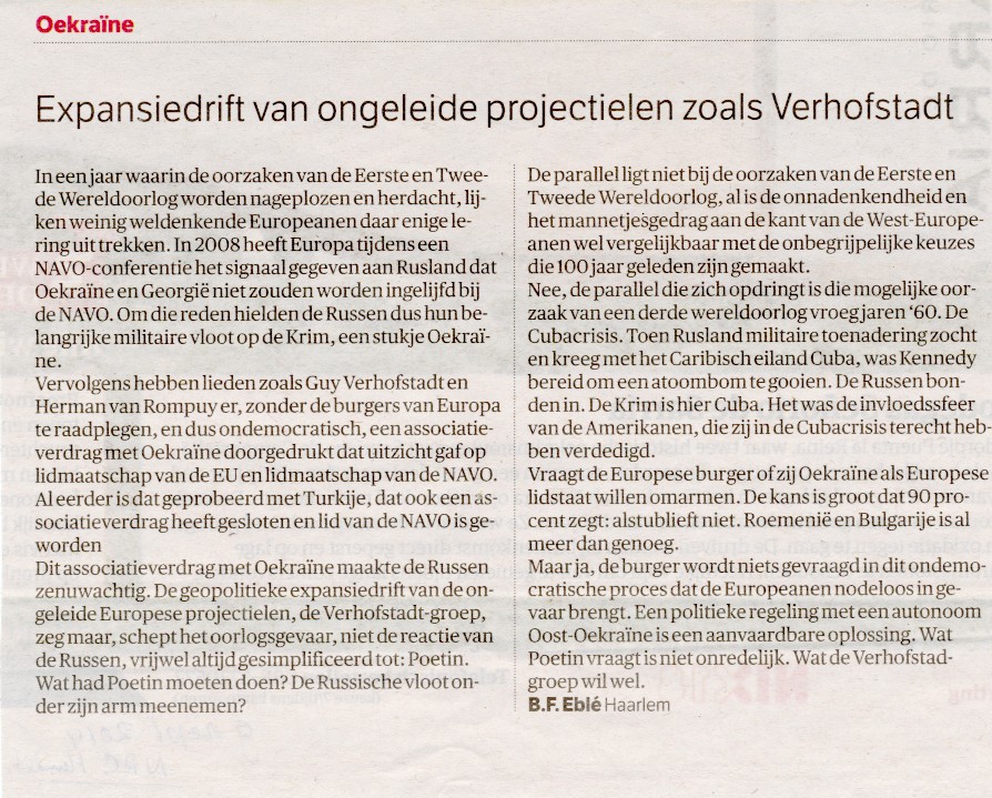 Expansiedrift van ongeleide projectielen zoals Verhofstad (NRC Handelsblad 9 september 2014)
